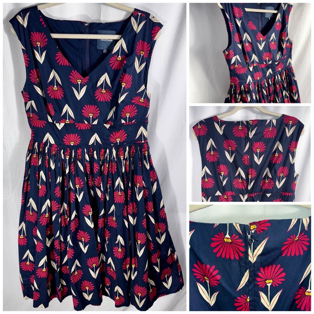 Modcloth Navy Dress with Red and White Floral Design ~C1